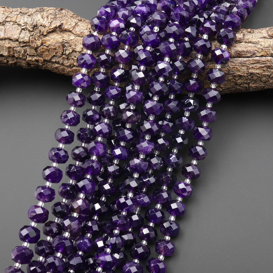 AAA Faceted Natural Dark Purple Amethyst 10mm rondelle Wheel Beads 15.5" Strand