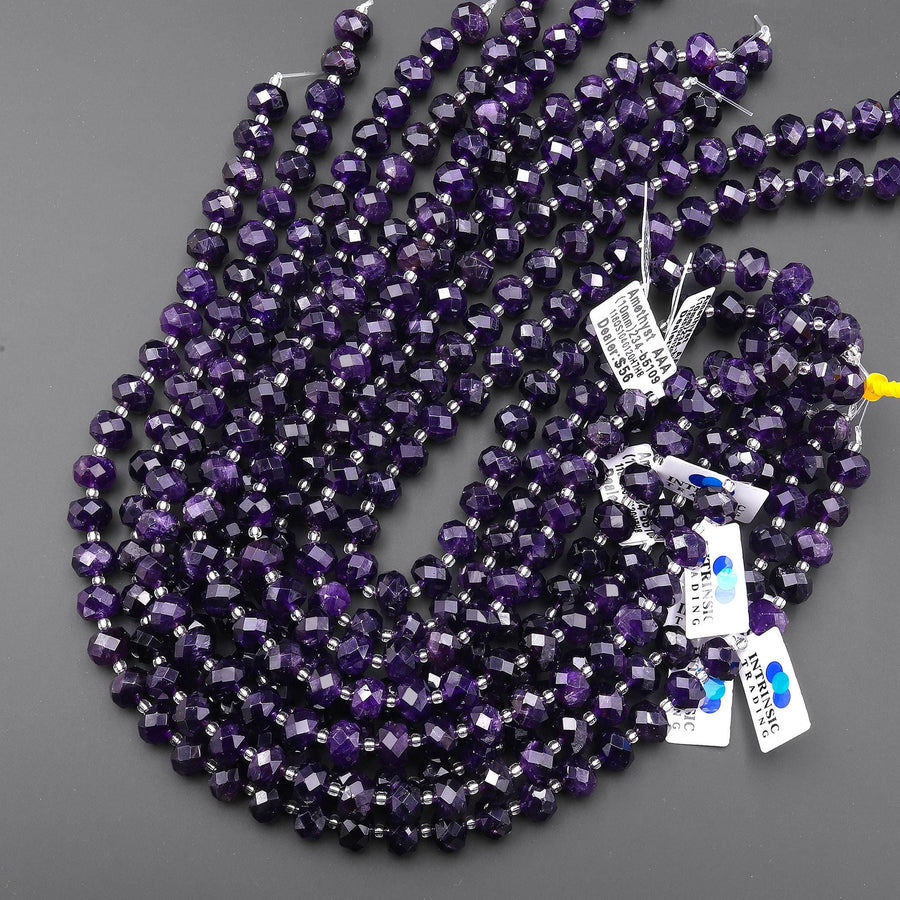 AAA Faceted Natural Dark Purple Amethyst 10mm rondelle Wheel Beads 15.5" Strand