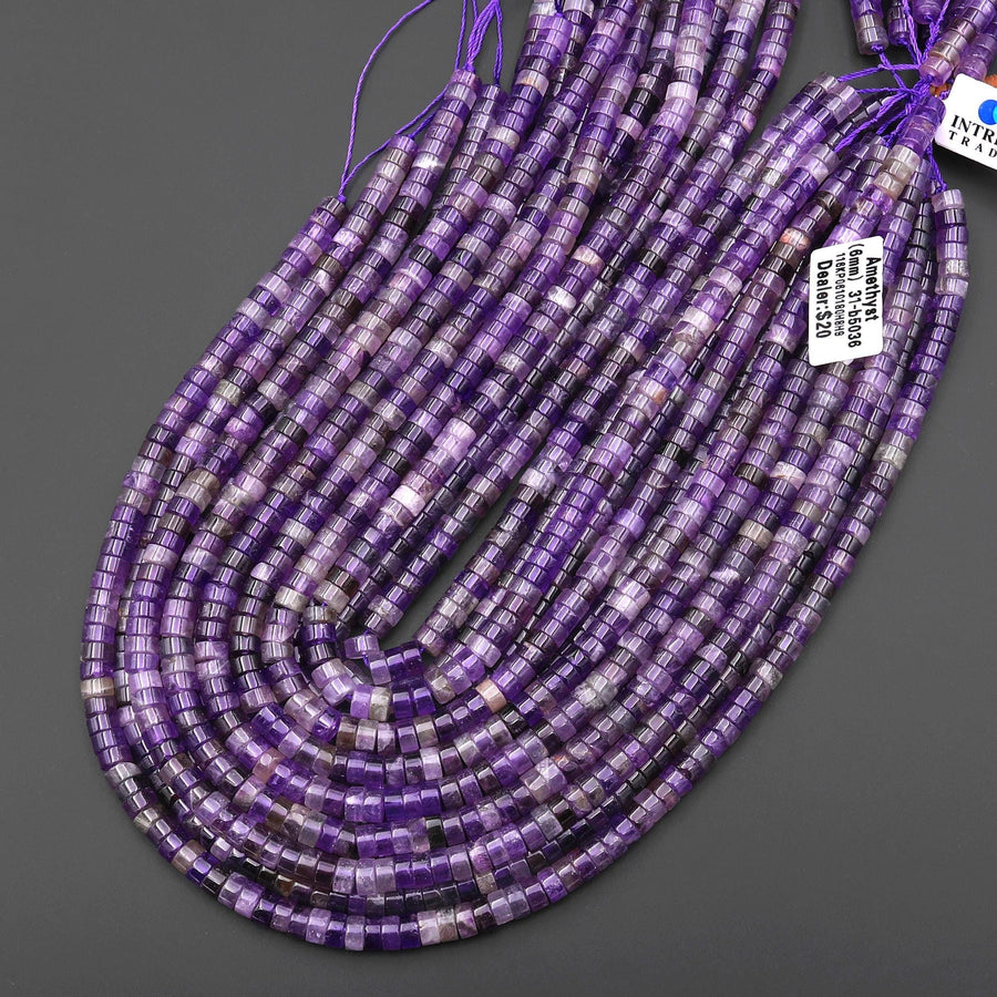 Natural Purple Amethyst 6mm Heishi Rondelle Beads 15.5" Strand