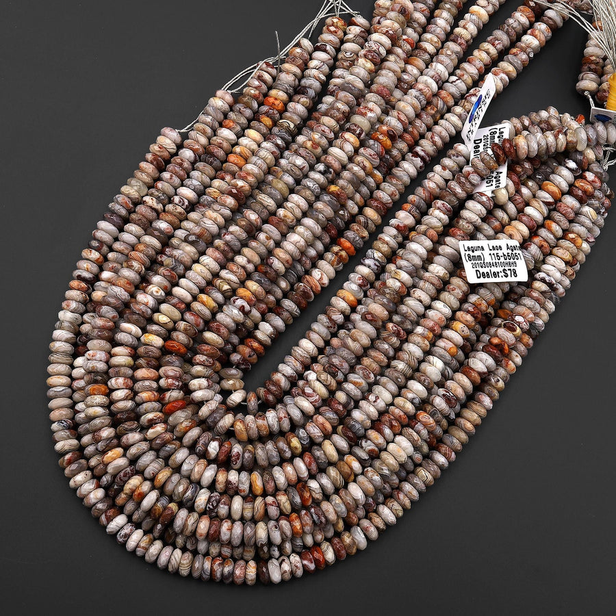 AAA Faceted Natural Laguna Lace Agate 8mm Thin Rondelle Beads 15" Strand