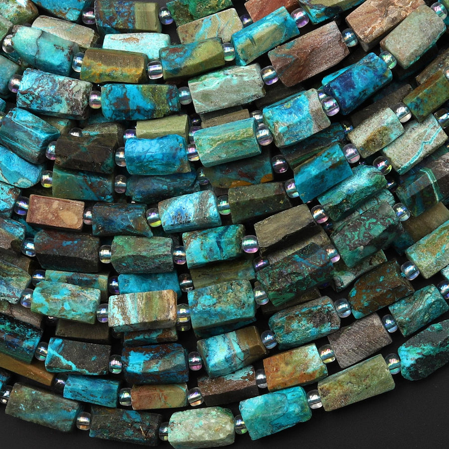 Natural Chrysocolla Azurite Hand Cut Faceted Tube Cylinder Beads 15.5" Strand b4908