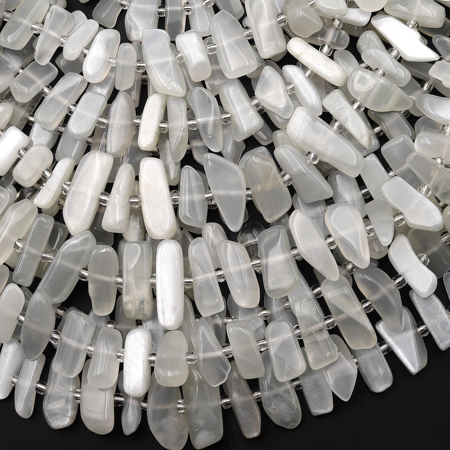 AAA Natural Creamy White Moonstone Beads Freeform Rectangle Spick Center Drilled Gemstone 15.5" Strand