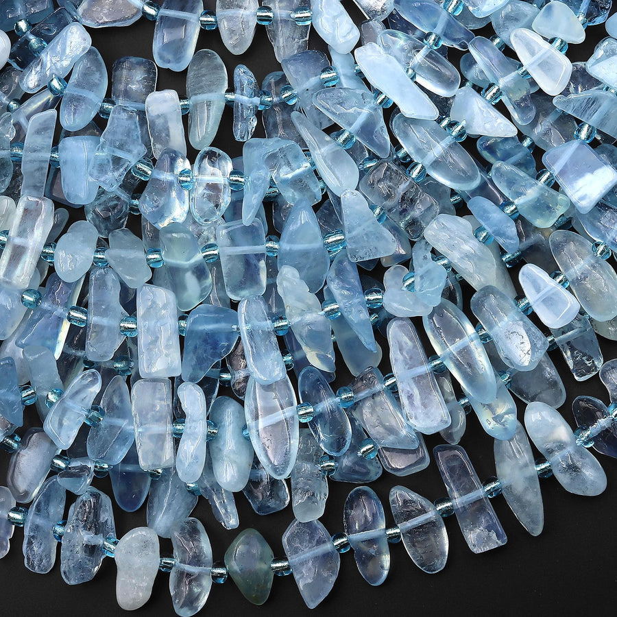 Natural Blue Aquamarine Freeform Rectangle Spike Center Drilled Beads 15.5" Strand
