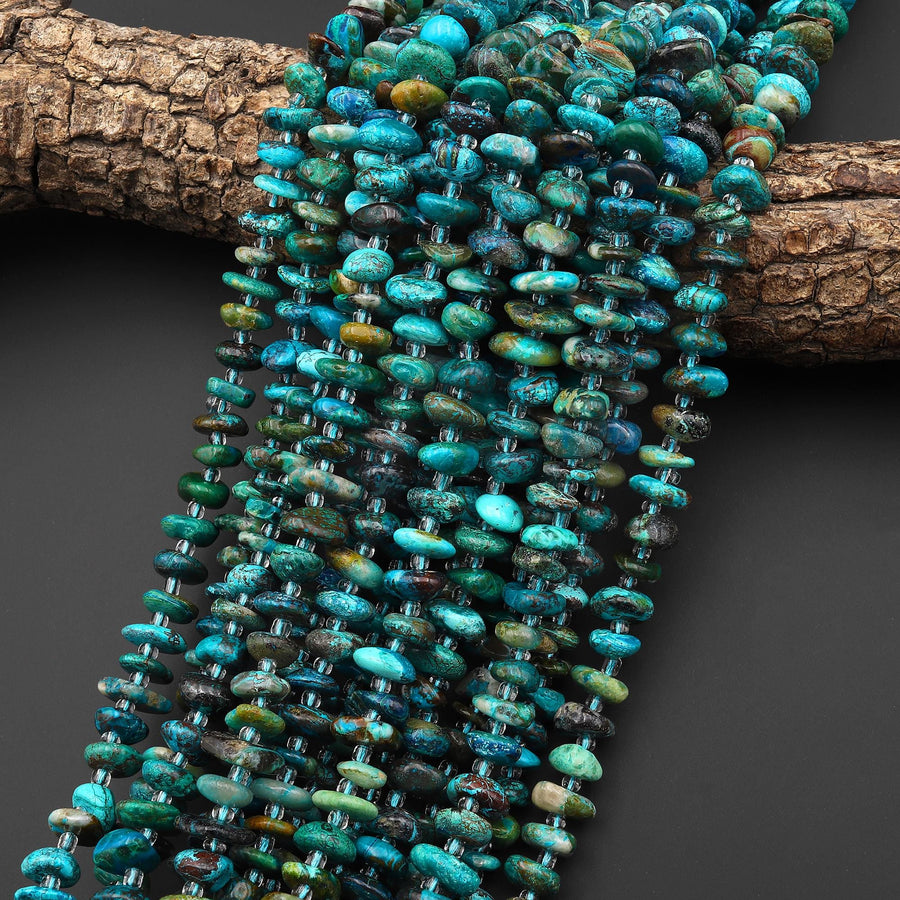 Natural Chrysocolla Azurite Freeform Rondelle Pebble Nugget Beads Gemstone From Arizona 15.5" Strand
