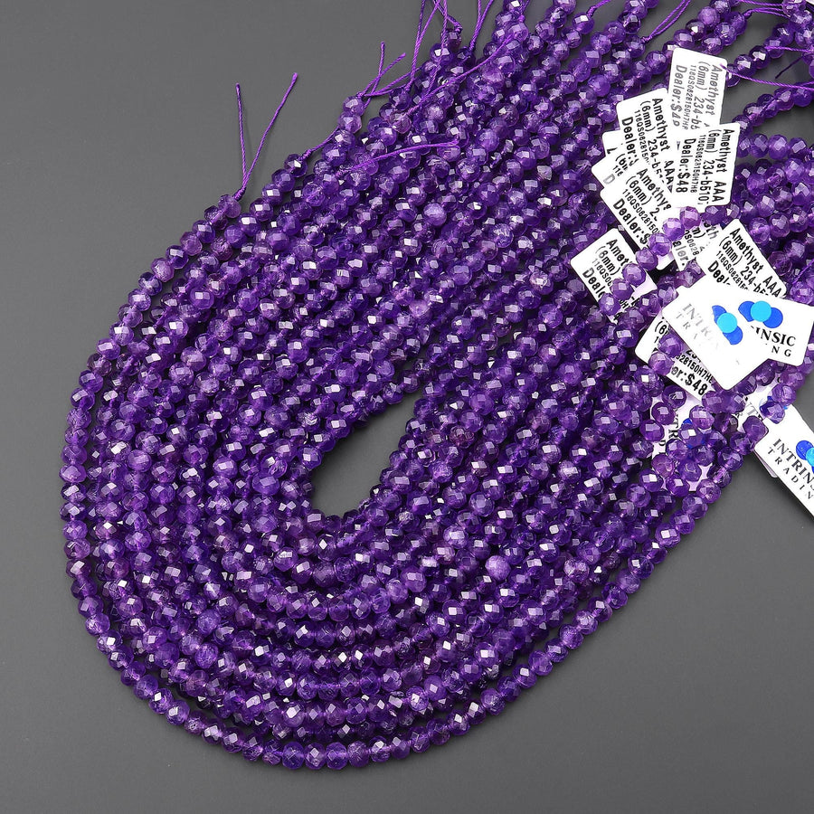 AAA Hand Faceted Natural Purple Amethyst 6mm Rondelle Beads 15.5" Strand
