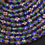 Cloisonné Cylinder Tube Beads Decorative Royal Blue Red Pink Green Floral Enamel 7x10mm 15.5" Strand