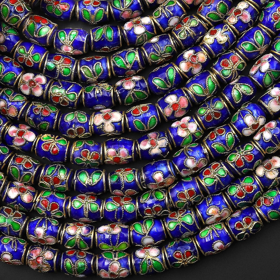 Cloisonné Cylinder Tube Beads Decorative Royal Blue Red Pink Green Floral Enamel 7x10mm 15.5" Strand