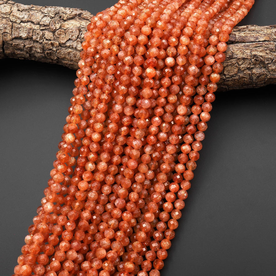 AAA Faceted Natural Fiery Orange Sunstone Round Beads 6mm Gemstone 15.5" Strand