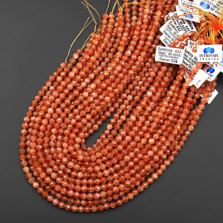 AAA Faceted Natural Fiery Orange Sunstone Round Beads 6mm Gemstone 15.5" Strand