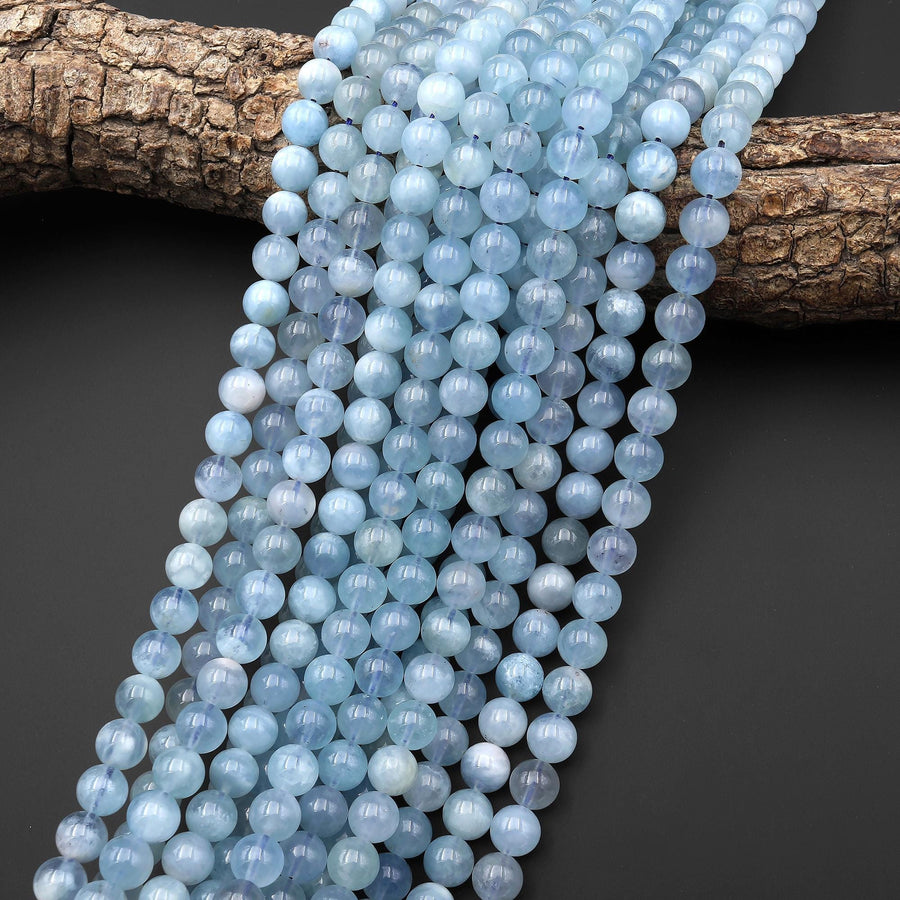 AAA Natural Blue Aquamarine 7mm 8mm 9mm 10mm Smooth Round Beads Real Genuine Gemstone Birthstone 15.5" Strand