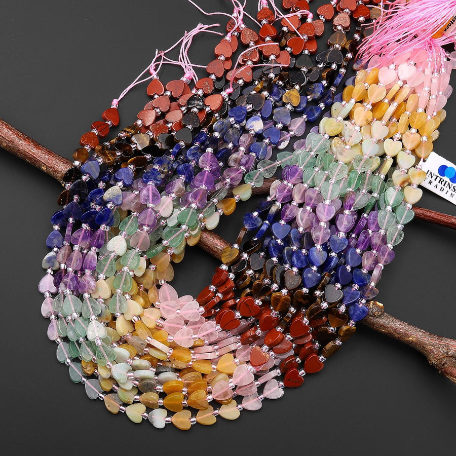 Natural Multicolor Gemstone Heart 8mm Beads Rose Quartz Green Aventurine Amazonite Amethyst Sodalite Tiger's Eye Red Jasper 15.5" Strand