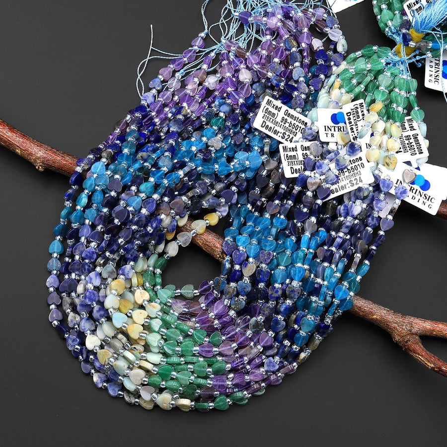 Natural Multicolor Gemstone Heart 6mm Beads Green Aventurine Amazonite Sodalite Apatite Lapis Amethyst 15.5" Strand
