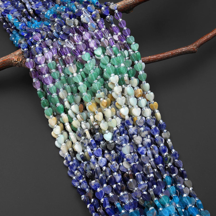 Natural Multicolor Gemstone Heart 6mm Beads Green Aventurine Amazonite Sodalite Apatite Lapis Amethyst 15.5" Strand