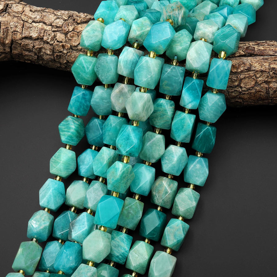 Large Faceted Natural Peruvian Amazonite Beads Rectangle Nuggets 15.5" Strand