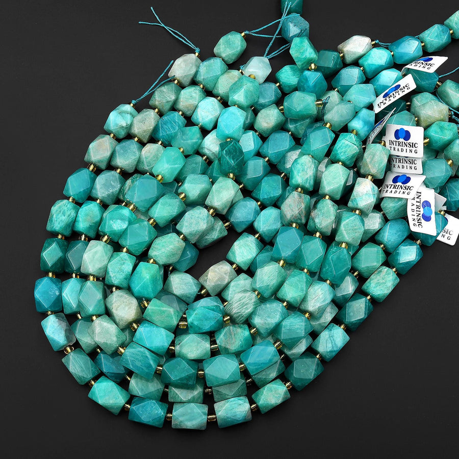 Large Faceted Natural Peruvian Amazonite Beads Rectangle Nuggets 15.5" Strand