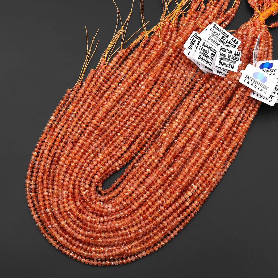 AAA Faceted Natural Fiery Orange Sunstone Rondelle Beads 4mm Gemstone 15.5" Strand b5059