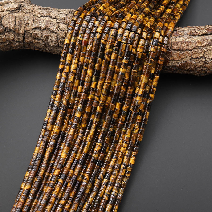 AAA Natural Tiger's Eye 4x4mm Tube Cylinder Beads 15" Strand