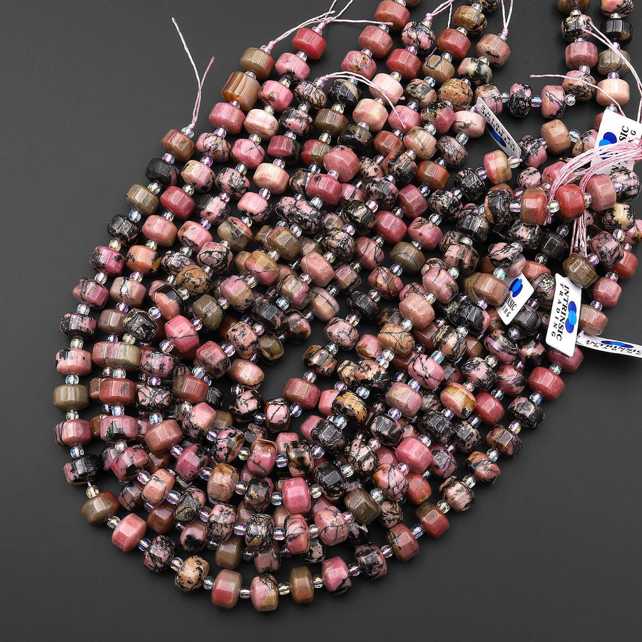 Faceted Natural Pink Rhodonite Octagon Rondelle Wheel 12x8mm Gemstone Beads 15.5" Strand