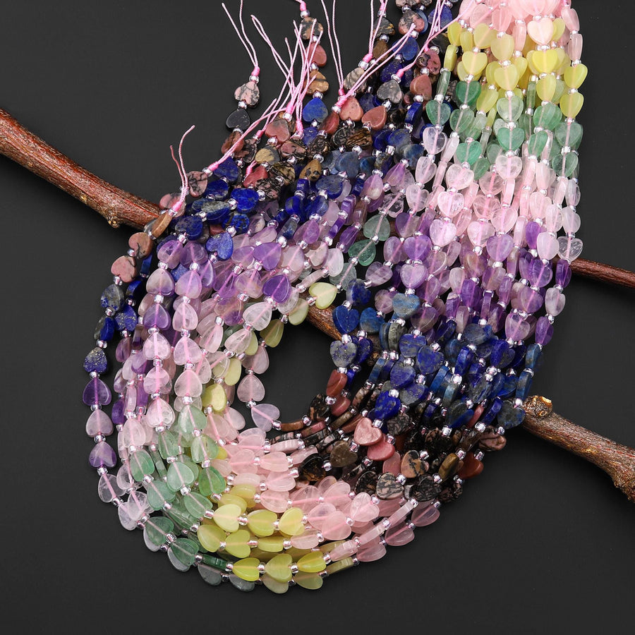 Natural Multicolor Gemstone Heart 8mm Beads Rose Quartz Lemon Jade Green Aventurine Amethyst Lapis Rhodonite 15.5" Strand