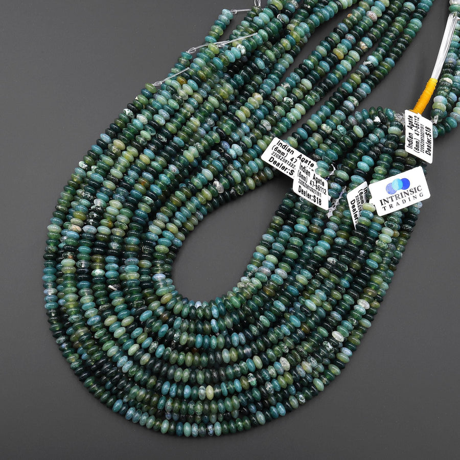 Natural Teal Blue Green Indian Agate 6mm Smooth Thin Rondelle Beads 15.5" Strand