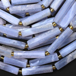 Natural Blue Chalcedony Thin Long Hand Faceted Rectangle Tube Beads 15.5" Strand