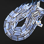 Natural Blue Chalcedony Thin Long Hand Faceted Rectangle Tube Beads 15.5" Strand