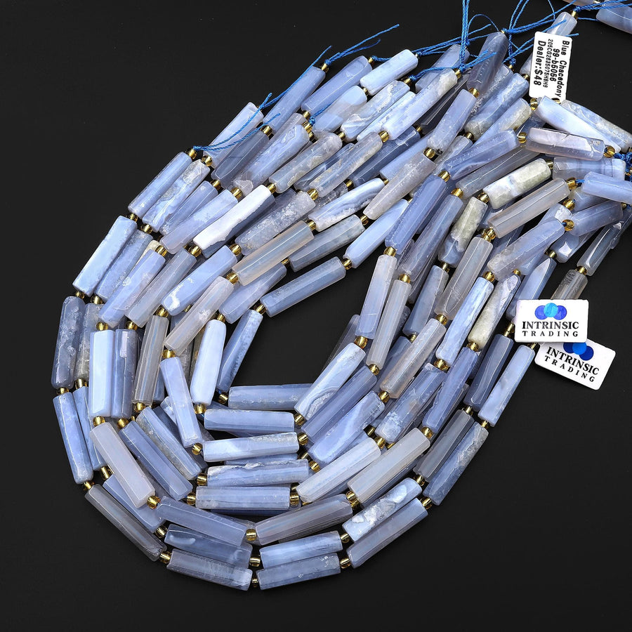 Natural Blue Chalcedony Thin Long Hand Faceted Rectangle Tube Beads 15.5" Strand