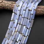 Natural Blue Chalcedony Thin Long Hand Faceted Rectangle Tube Beads 15.5" Strand