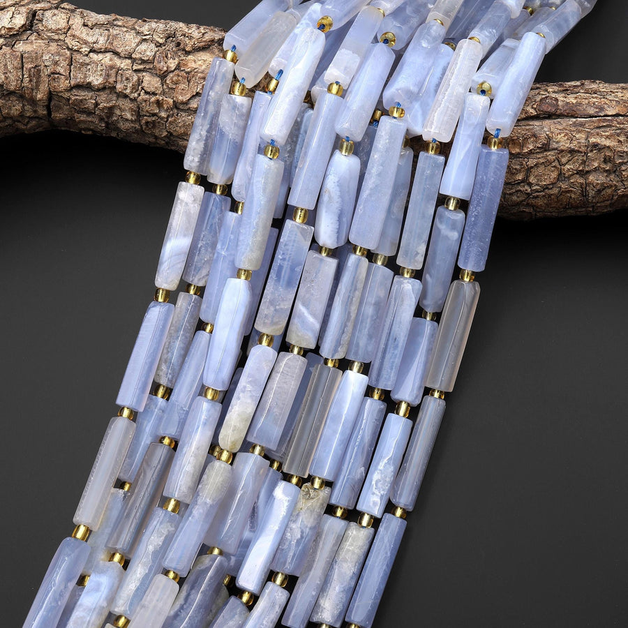 Natural Blue Chalcedony Thin Long Hand Faceted Rectangle Tube Beads 15.5" Strand