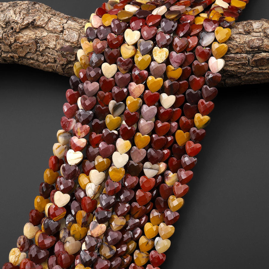AAA Faceted Natural Australian Mookaite Jasper Carved Heart Beads 8mm Sunset Mauve Red Yellow Colors Gemstone 15.5" Strand