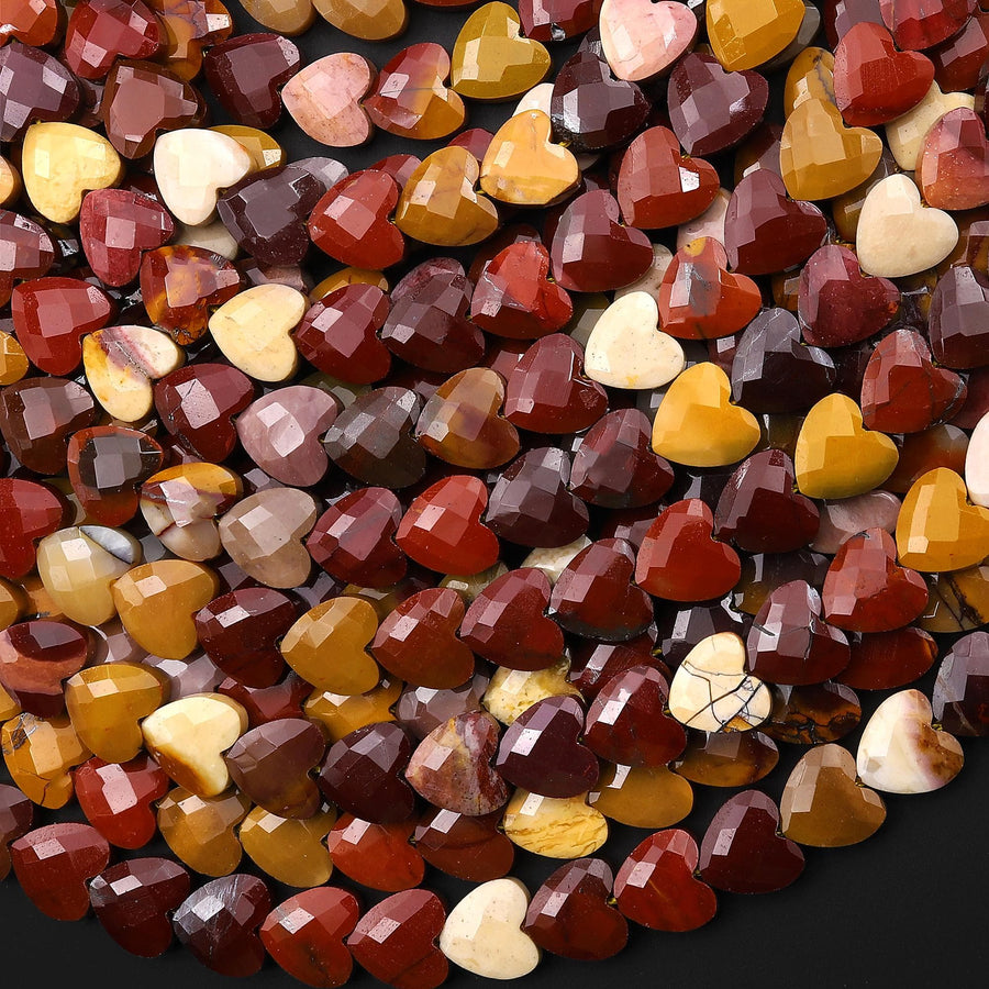 AAA Faceted Natural Australian Mookaite Jasper Carved Heart Beads 8mm Sunset Mauve Red Yellow Colors Gemstone 15.5" Strand