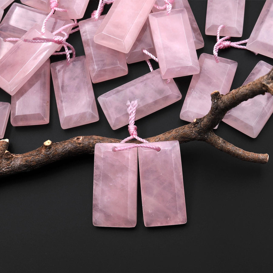 Natural Pink Rose Quartz Faceted Rectangle Title Earring Pair Drilled Gemstone Matched Beads