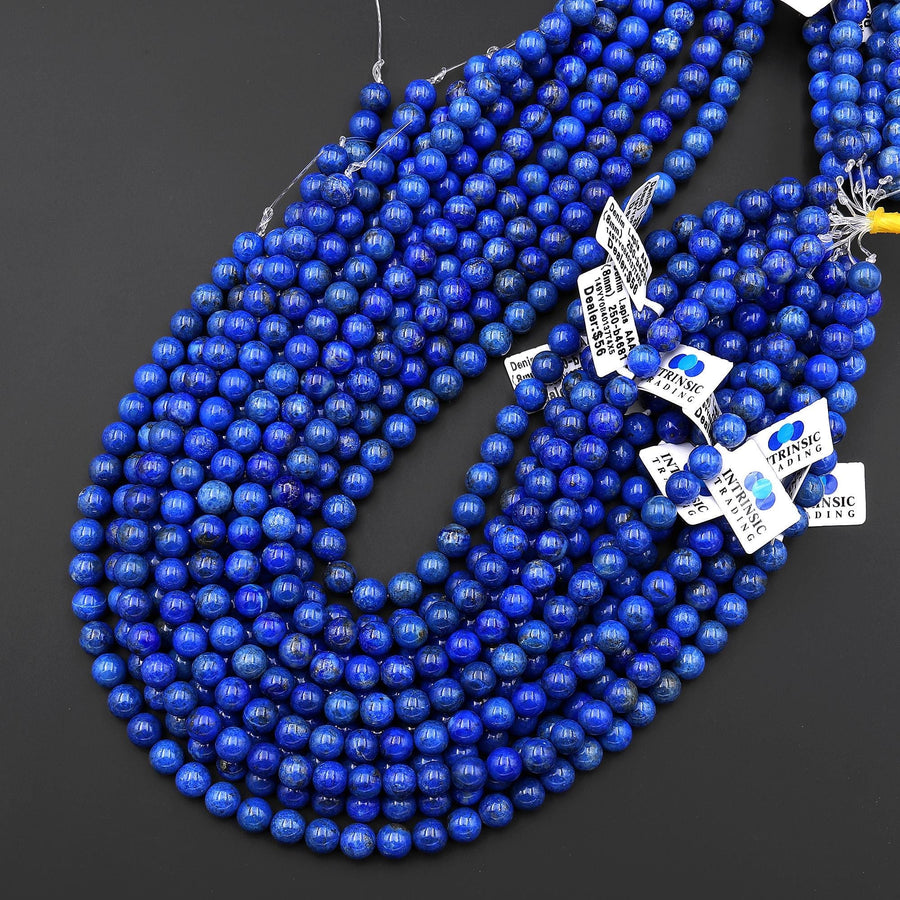 AAA Natural Denim Blue Lapis 8mm Round Beads With Pyrite Matrix 15.5" Strand