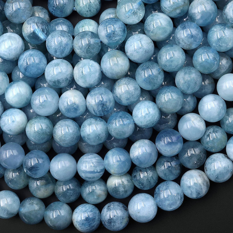 AAA Natural Blue Aquamarine 8mm 10mm Smooth Round Beads Real Genuine Gemstone Birthstone 15.5" Strand