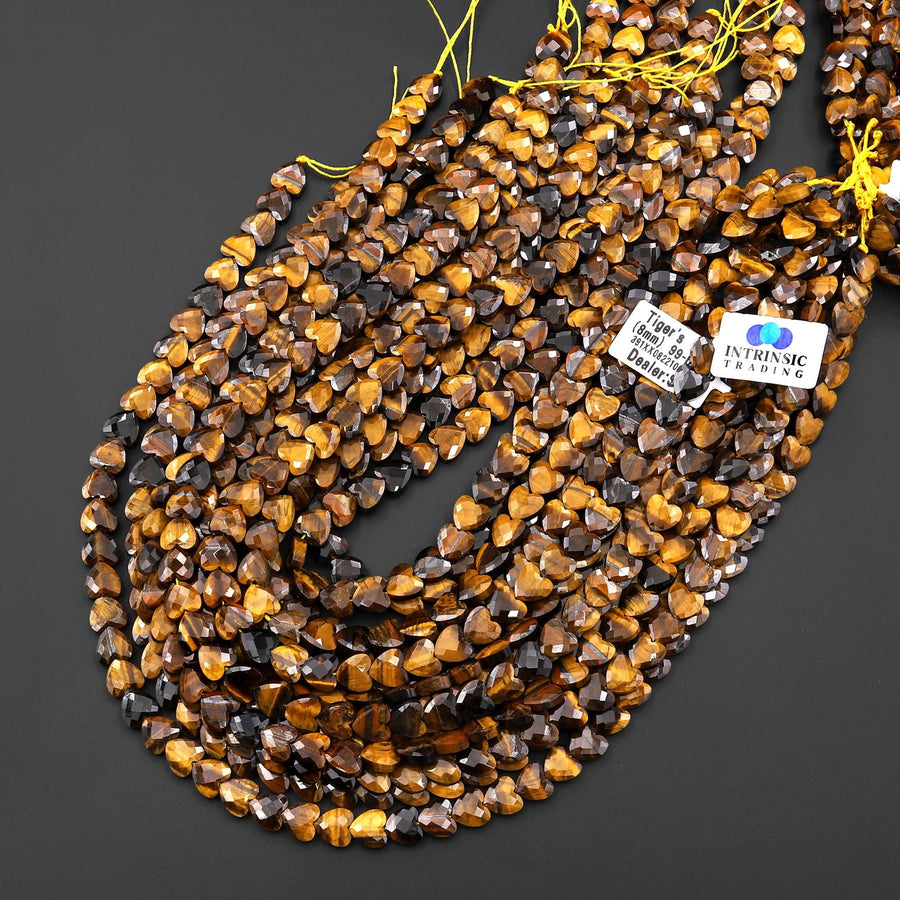 AAA Faceted Natural Tiger's Eye Carved Heart Beads 8mm Gemstone 15.5" Strand