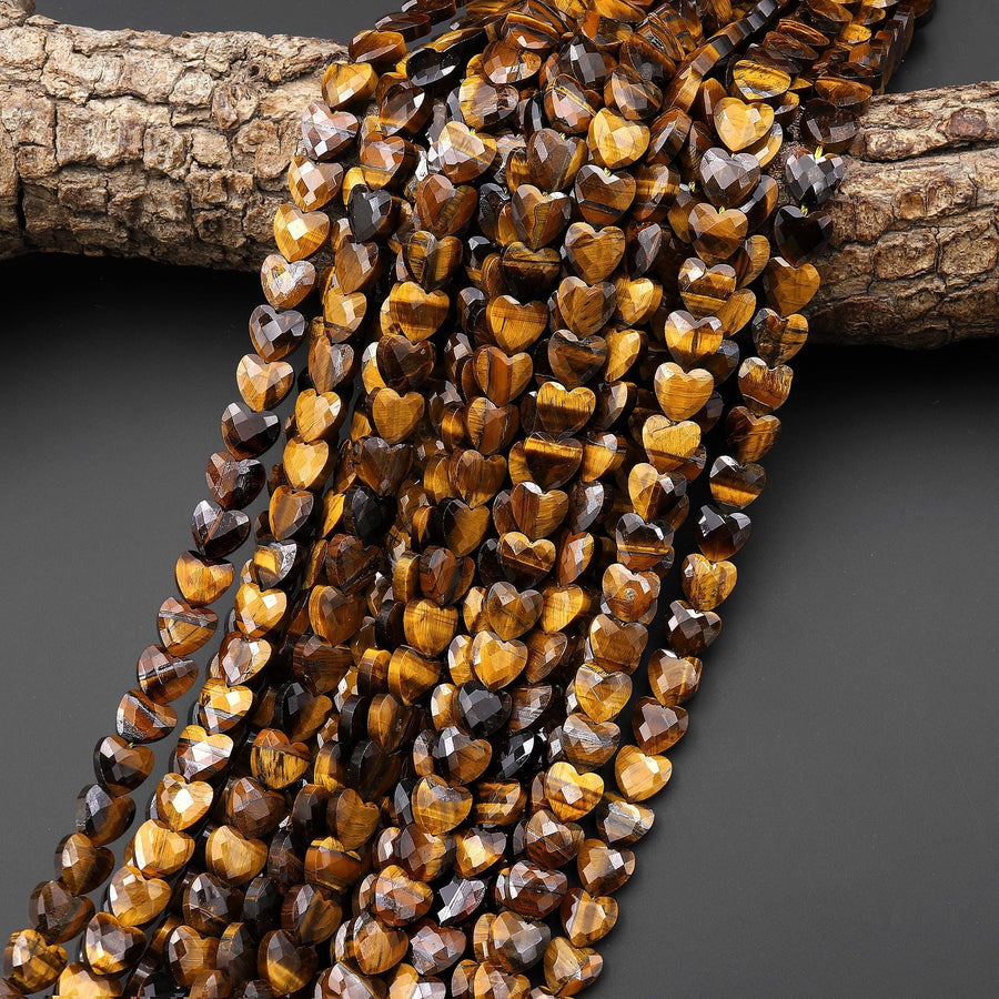 AAA Faceted Natural Tiger's Eye Carved Heart Beads 8mm Gemstone 15.5" Strand