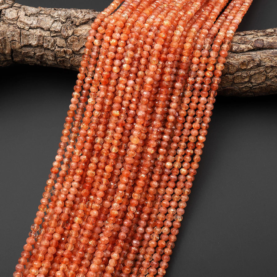 AAA Faceted Natural Fiery Orange Sunstone Lantern Rondelle Beads 4mm Gemstone 15.5" Strand