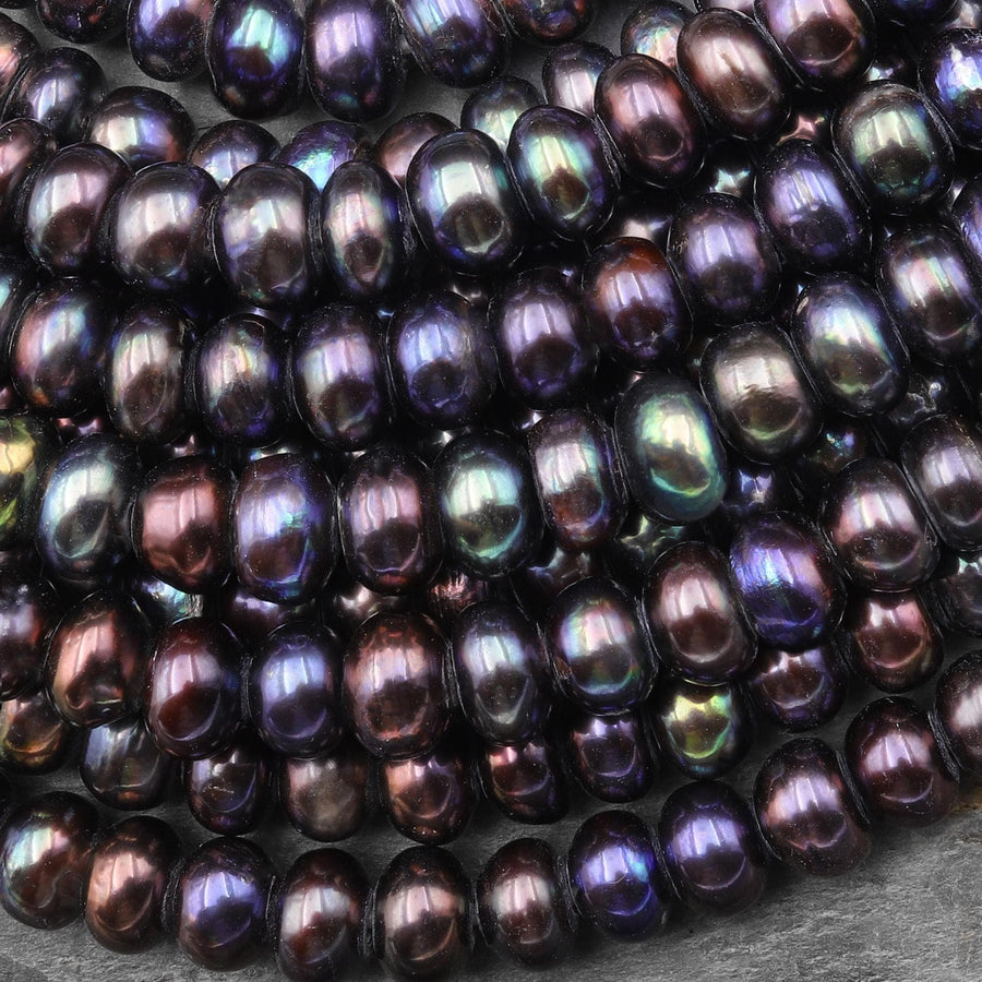 Large Hole Black Teal Green Blue Orange Bronze Peacock Iridescent Genuine Freshwater Pearl Rondelle 11mm 12mm 8" Strand