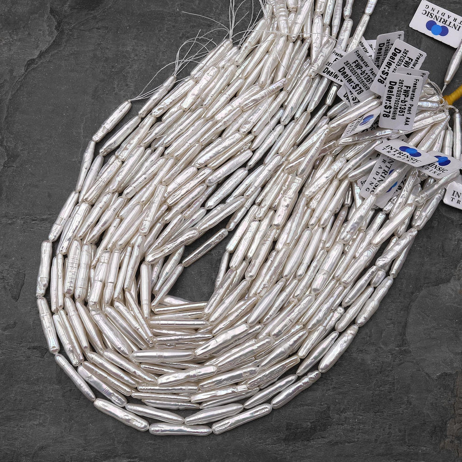 AAA Silky Smooth Natural White Biwa Thin Long Stick Pearl Freshwater 15.5" Strand