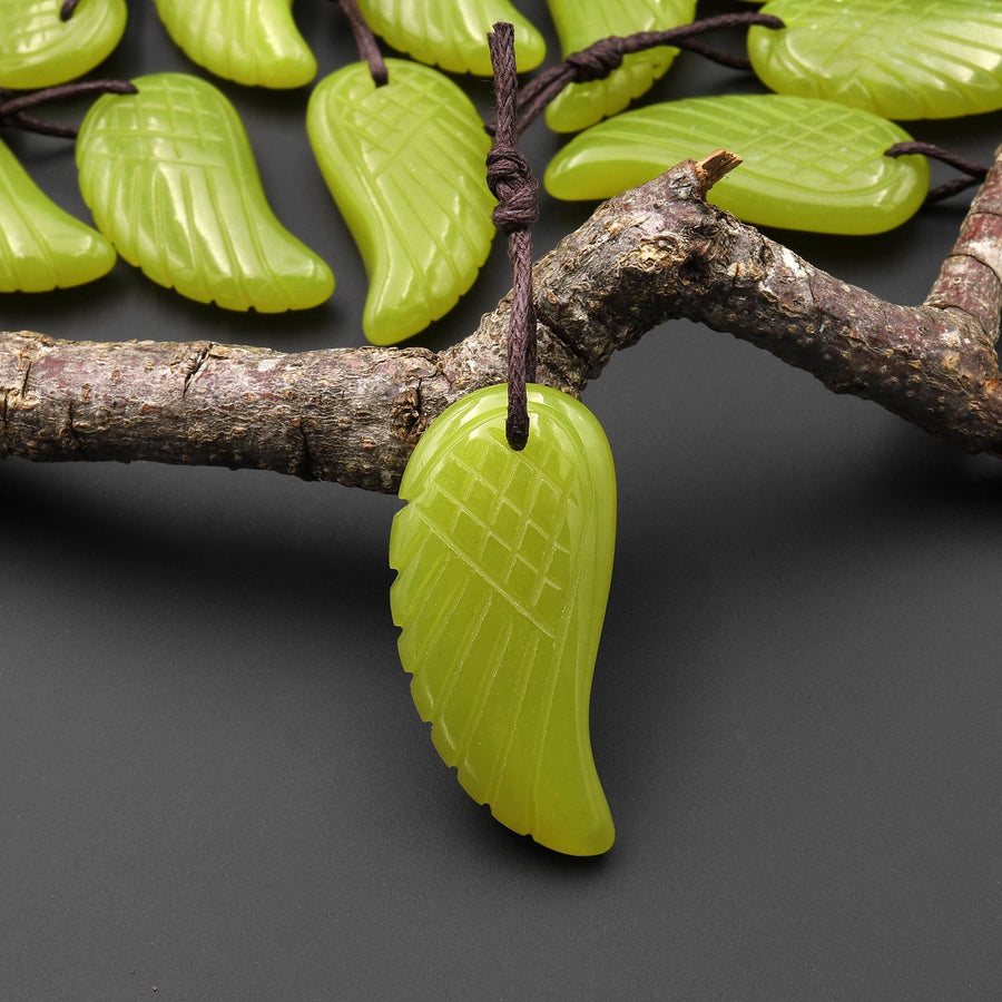 AAA Hand Carved Natural Olive Green Jade Angel Wing Pendant Bead Drilled Gemstone