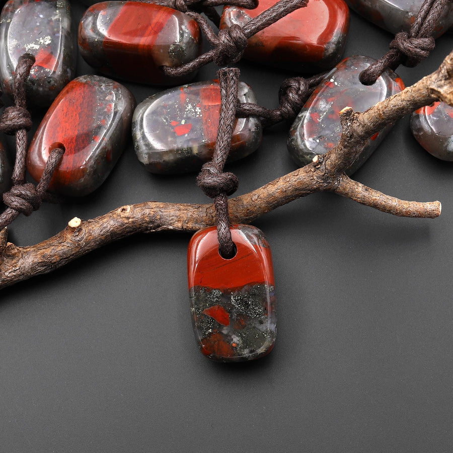 Natural African Bloodstone Smooth Rectangle Nugget Pendant Focal Worry Stone Bead
