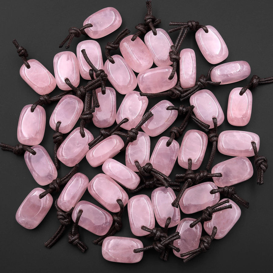 Natural Pink Rose Quartz Smooth Rectangle Nugget Pendant Focal Worry Stone Bead