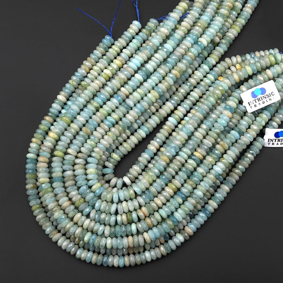 AAA Faceted Natural Aqua Sea Blue Green Aquamarine 8mm Thin Rondelle Beads 15.5" Strand