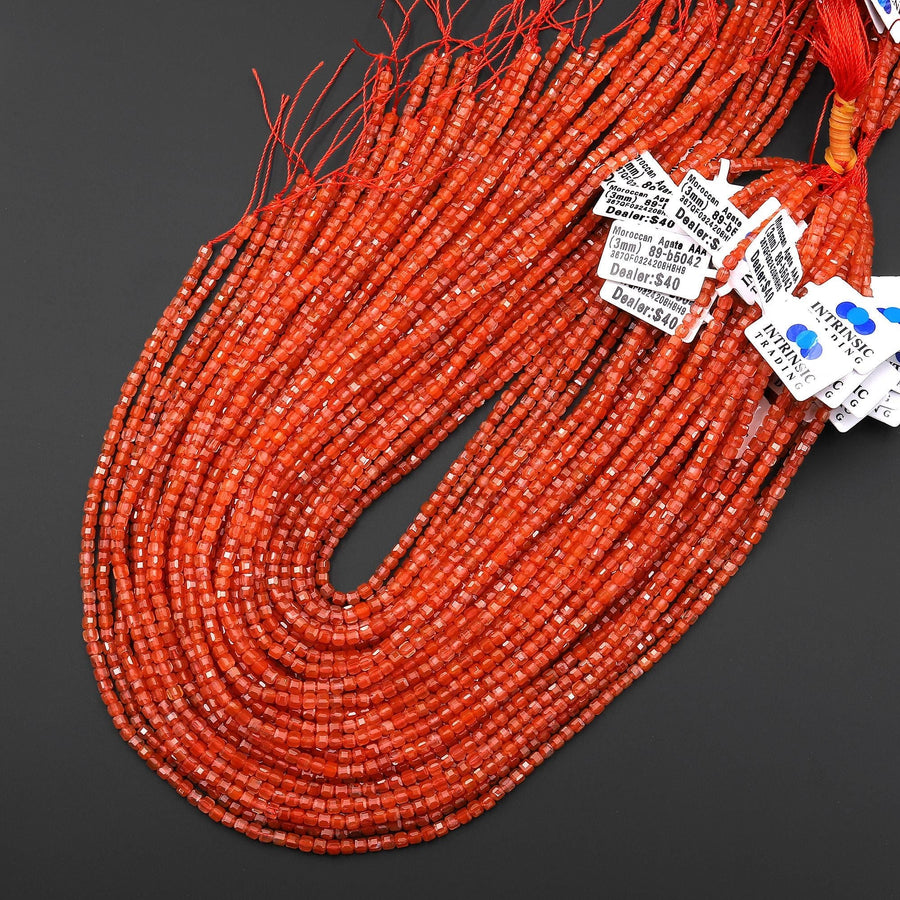 AAA Gemmy Translucent Faceted Natural Fiery Orange Moroccan Orange Red Agate 3mm Cube Beads Gemstone 15.5" Strand