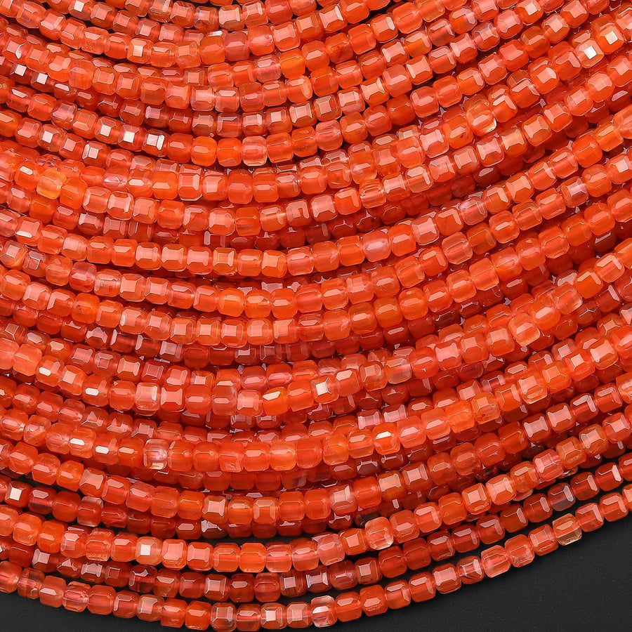 AAA Gemmy Translucent Faceted Natural Fiery Orange Moroccan Orange Red Agate 3mm Cube Beads Gemstone 15.5" Strand