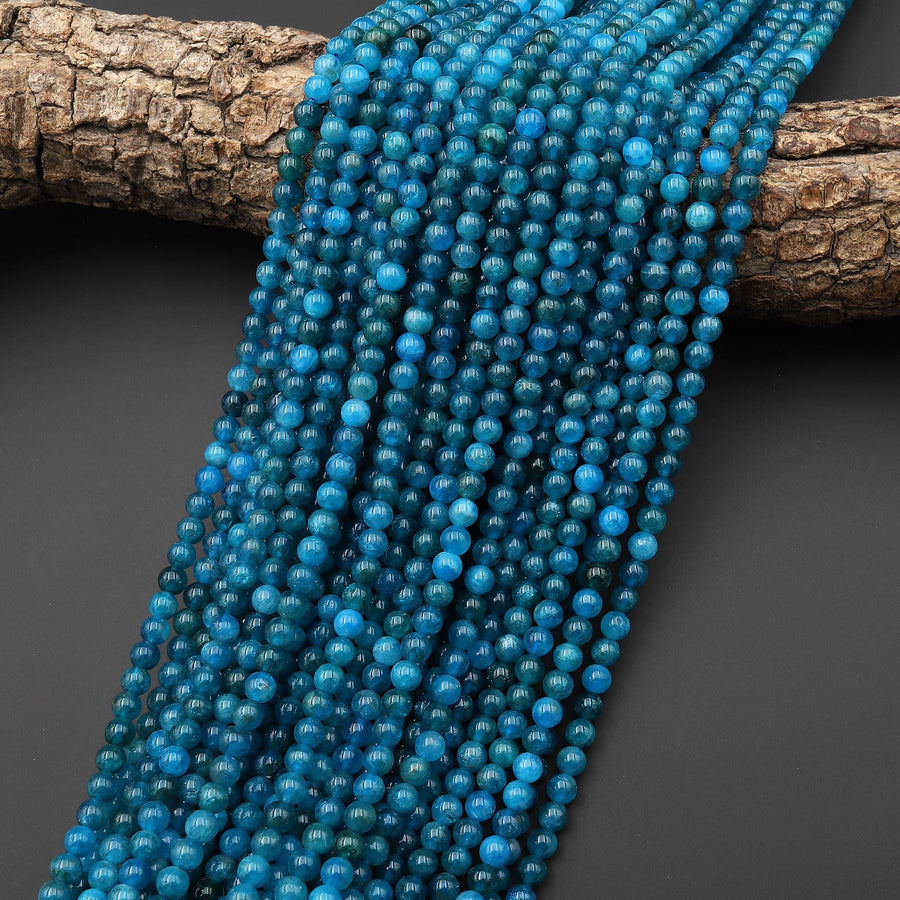 AAA+ Gemmy Natural Teal Blue Apatite 4mm Smooth Round Beads 15.5" Strand