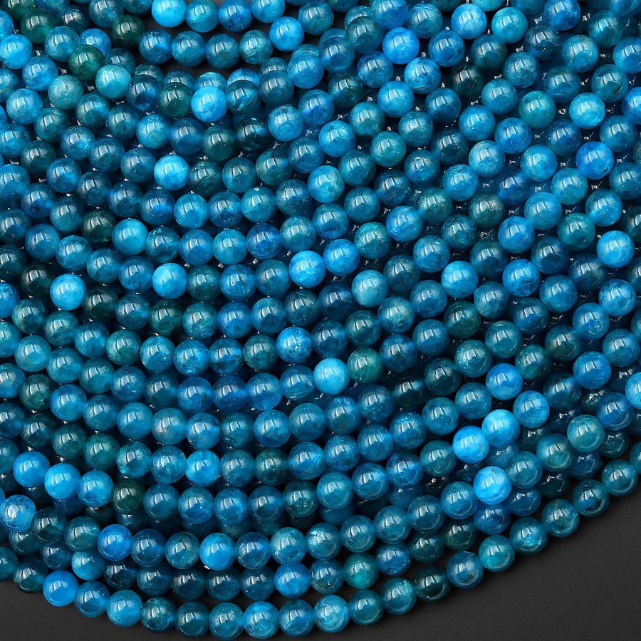 AAA+ Gemmy Natural Teal Blue Apatite 4mm Smooth Round Beads 15.5" Strand