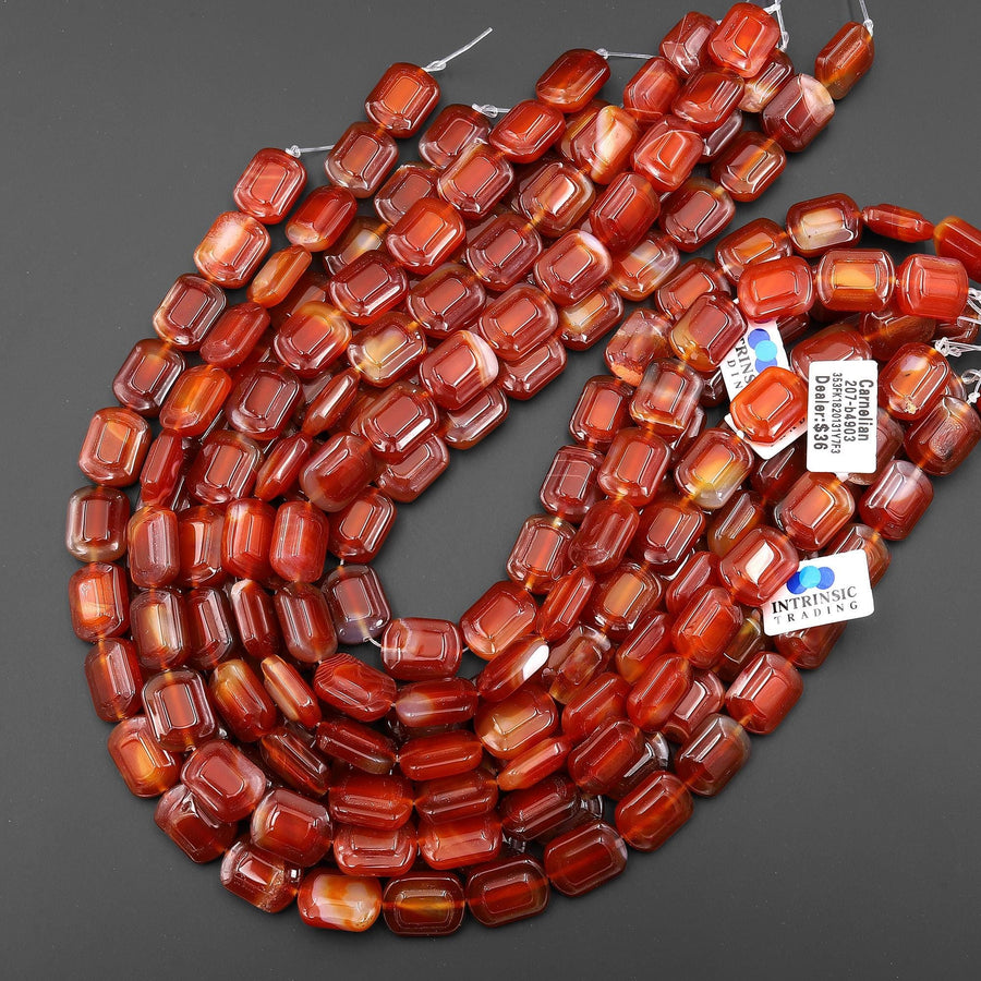 Hand Carved Natural Orange Red Carnelian Rounded Rectangle Gemstone Beads 15.5" Strand
