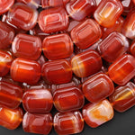 Hand Carved Natural Orange Red Carnelian Rounded Rectangle Gemstone Beads 15.5" Strand