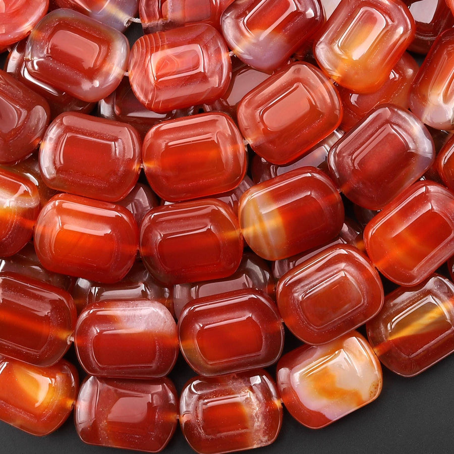 Hand Carved Natural Orange Red Carnelian Rounded Rectangle Gemstone Beads 15.5" Strand
